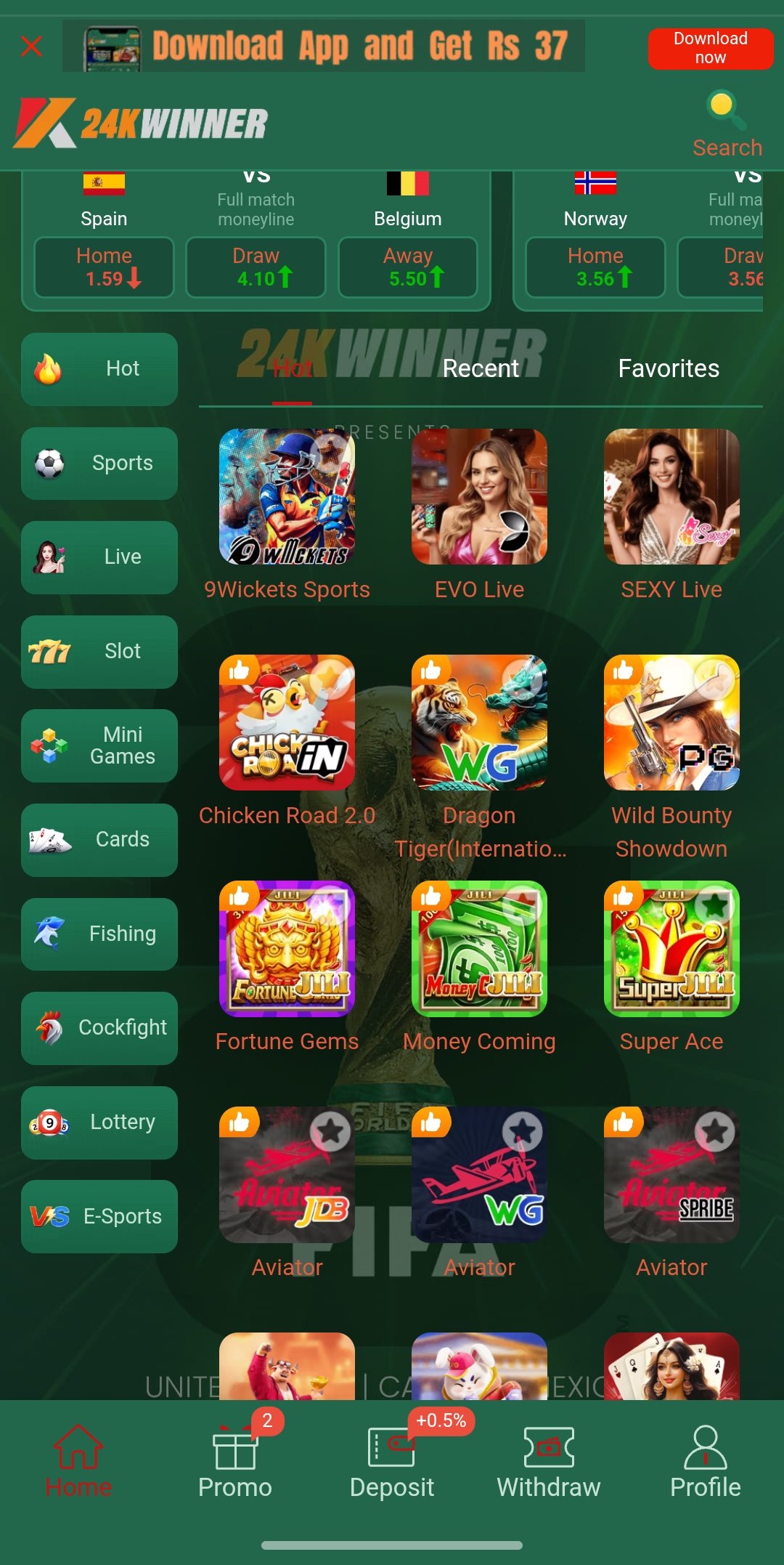 24KWINNER gaming app on a smartphone